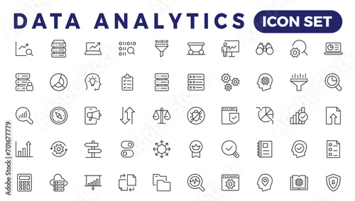 Data analytics web icons set in thin line design. Pack of database, big data process, ai, monitoring, traffic, hosting service, optimization, backup, chart and other. Vector outline stroke icon design