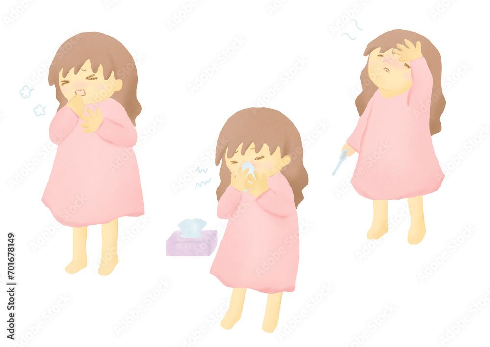 体調が悪い女の子の水彩イラスト 体調が悪い女の子の水彩イラスト