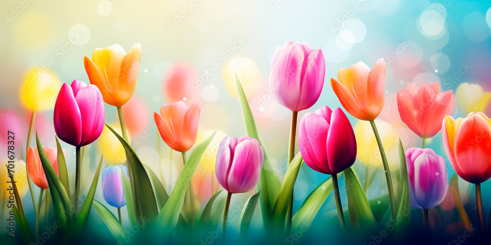 Bright spring background, multi-colored tulips on a blurred background, bokeh