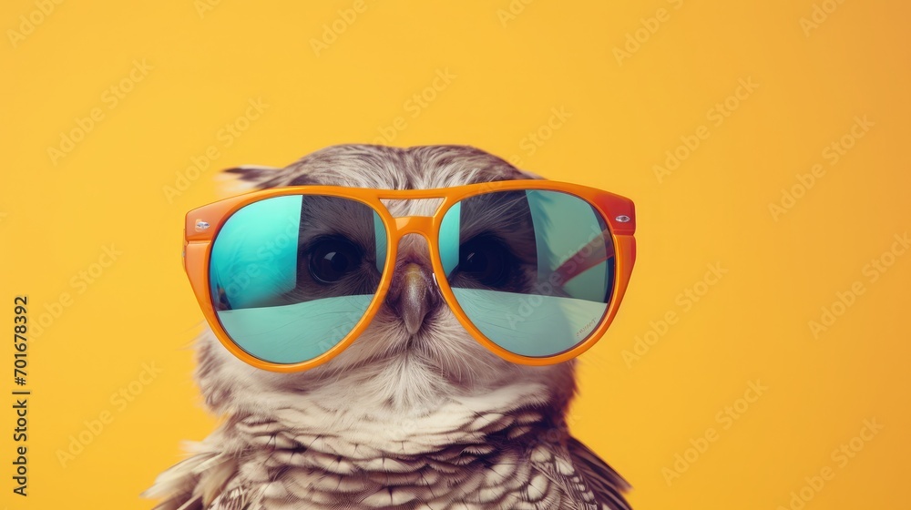 Creative animal concept. Owl bird in sunglass shade glasses isolated on solid pastel background, commercial, editorial advertisement, surreal Creative animal concept. Owl bird in sunglass shade glasses isolated on solid pastel background, commercial, editorial advertisement, surreal