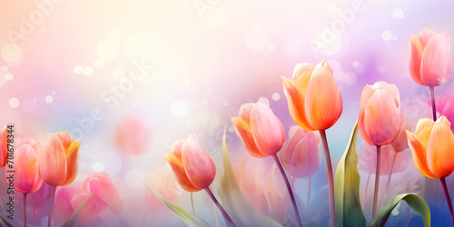 Spring background, delicate pink tulips on a blurred background, bokeh #701678344