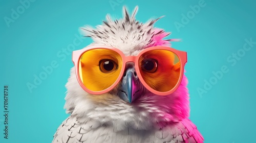 Creative animal concept. Owl bird in sunglass shade glasses isolated on solid pastel background, commercial, editorial advertisement, surreal © kashif 2158