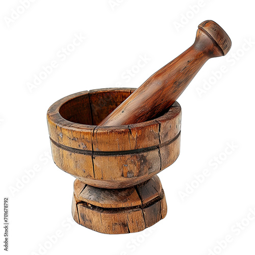 Vintage wooden mortar and pestle isolated on a white background