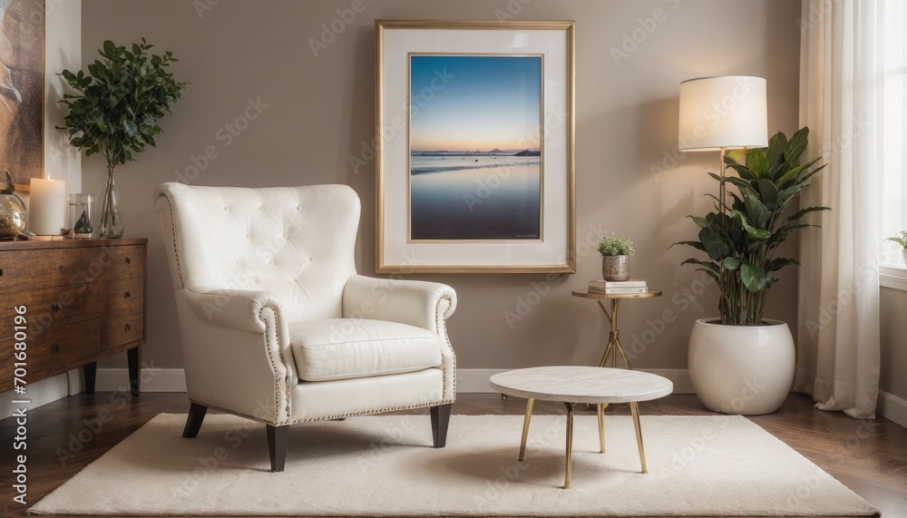 interior design living room with red chair and picture mockup on a wall and a white chair interior design living room with red chair and picture mockup on a wall and a white chair