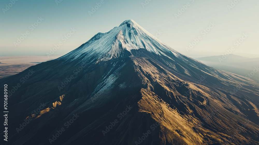 The snow-capped mountain peak stands alone against a clear sky. Aerial view, landscapes illustration, Generative AI