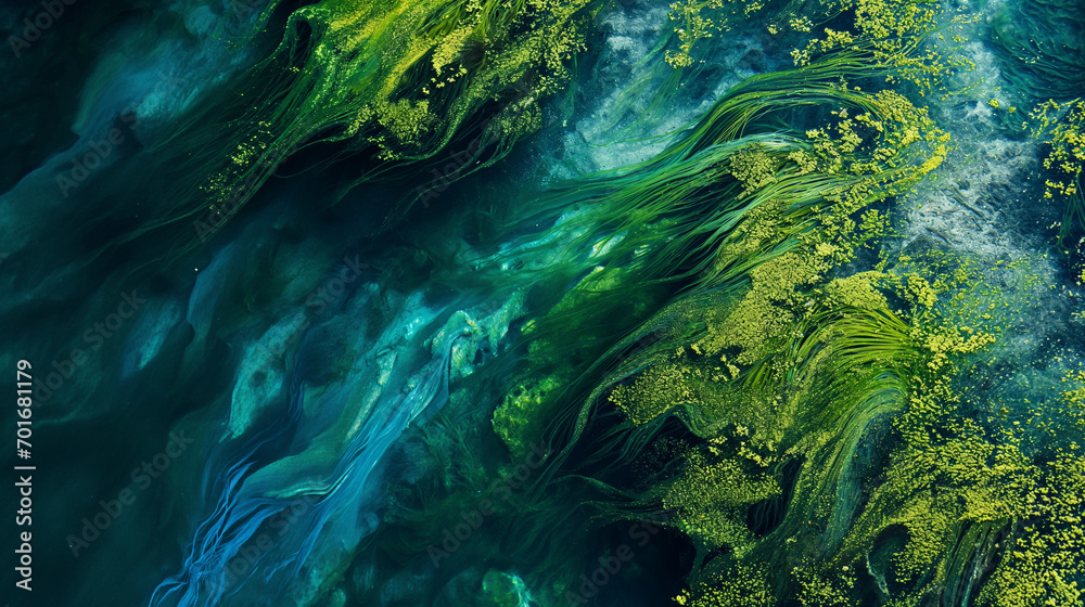 A massive algae bloom in the lake creates a flowing, organic pattern with vibrant greens and blues. Landscapes illustration, aerial view, Generative AI - obrazy, fototapety, plakaty 
