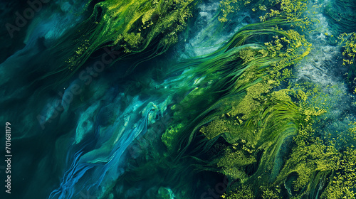 A massive algae bloom in the lake creates a flowing, organic pattern with vibrant greens and blues. Landscapes illustration, aerial view, Generative AI