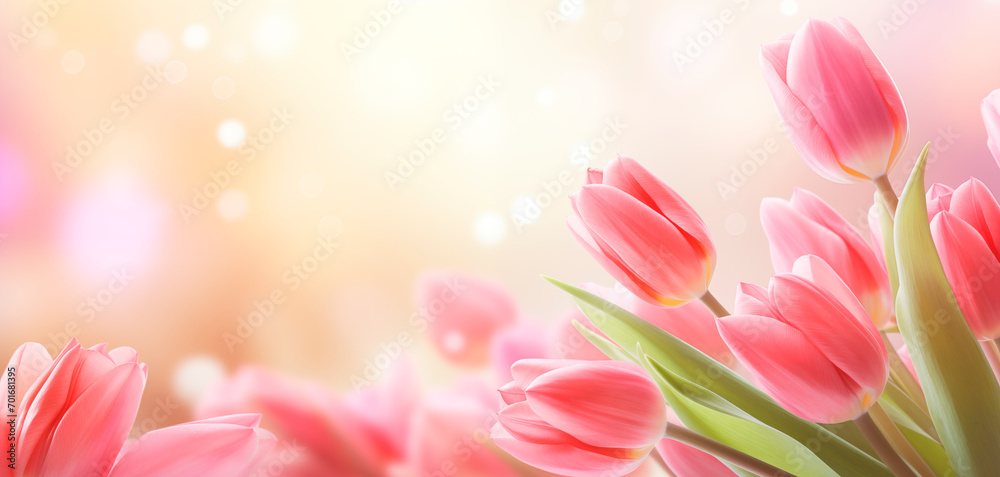 Spring background, delicate pink tulips on a blurred background, bokeh