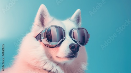 imaginative animal idea. A husky dog wearing sunglasses is depicted in a surreal surrealist editorial advertisement on a solid pastel background