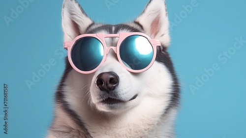 imaginative animal idea. A husky dog wearing sunglasses is depicted in a surreal surrealist editorial advertisement on a solid pastel background © kashif 2158