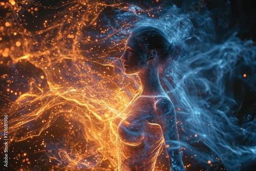 Human electromagnetic field - a subtle, radiant energy enveloping body. Vibrant frequencies depict dynamic interplay of life force, resonating in harmony with the holistic vitality of the individual. photo