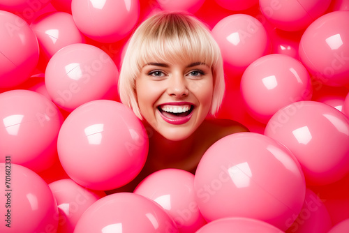 Woman with blonde hair and blue eyes is surrounded by pink balloons.