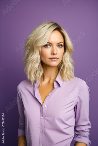 Woman with blonde hair and purple shirt on.