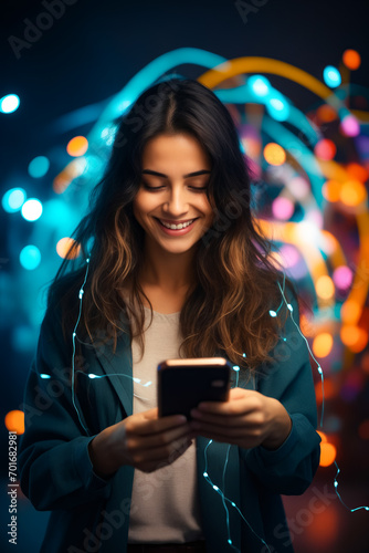 Woman smiles while looking at her cell phone in front of colorful background.