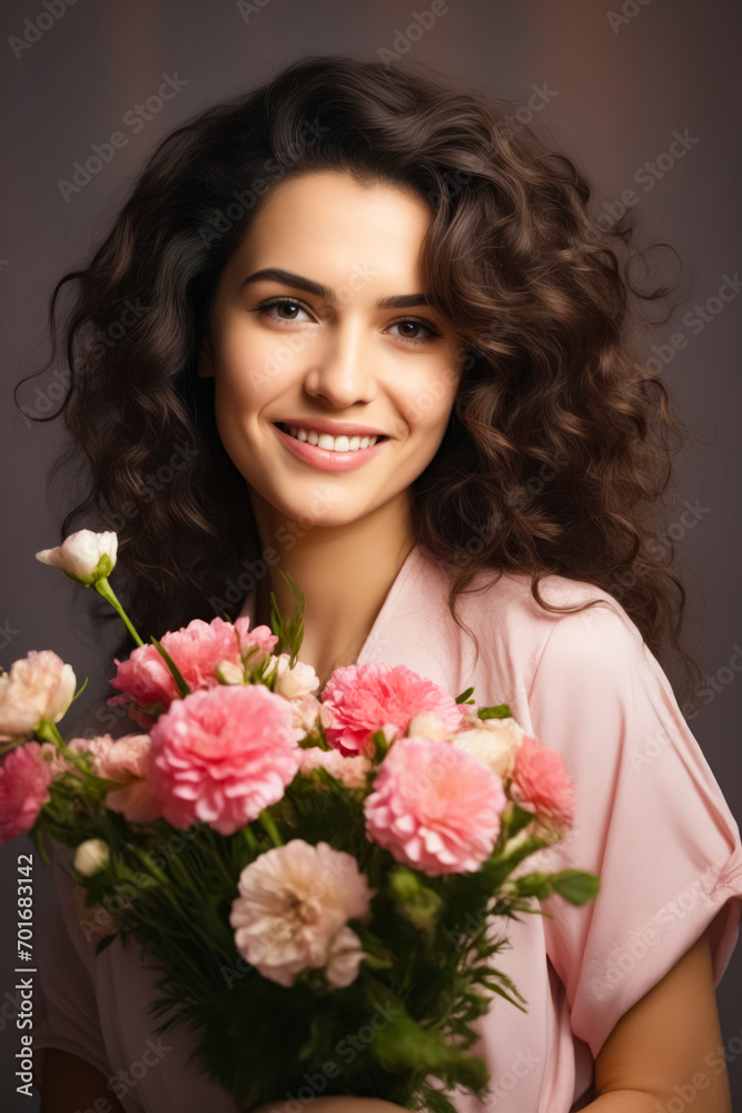 Woman holding bouquet of flowers smiling for the camera.