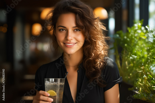 Woman holding glass of water and lemon.