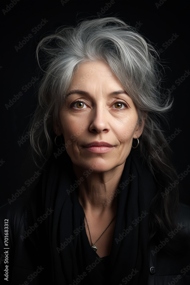 Woman with grey hair and black shirt is looking at the camera.