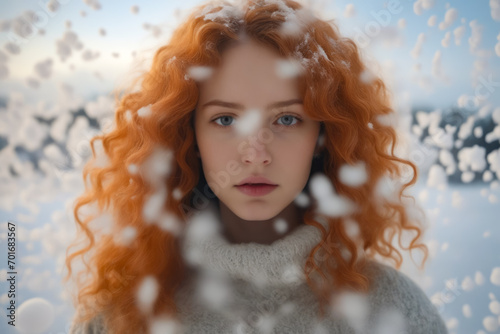 Woman with red hair looking through window with snow falling.