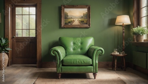 interior design living room with red chair and picture mockup on a wall and a green chair