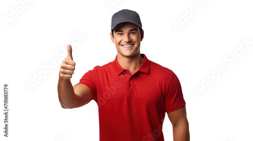 Handsome delivery man on white background, Male postman courier, Shipment concept