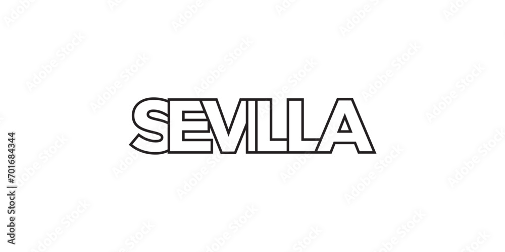 Sevilla in the Spain emblem. The design features a geometric style, vector illustration with bold typography in a modern font. The graphic slogan lettering.