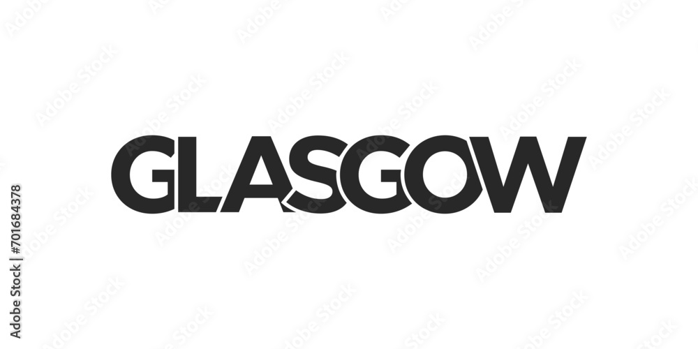 Glasgow city in the United Kingdom design features a geometric style illustration with bold typography in a modern font on white background.