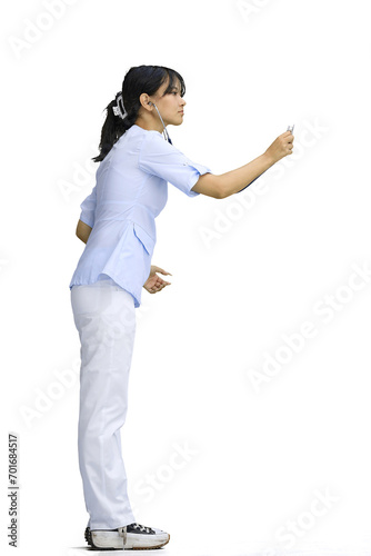 Doctor girl, on a white background, full-length, with a stethoscope