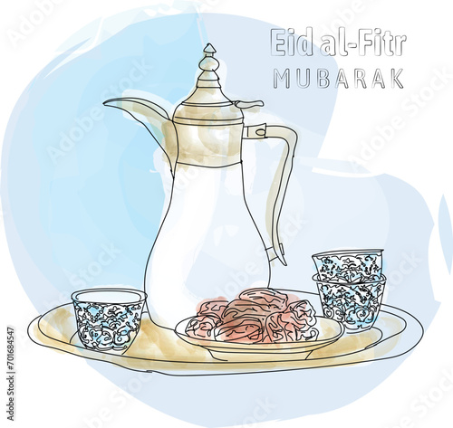  Eid al-Adha holiday tea. Illustration for eid al-fitr, Mubarak, enjoying traditional Eid