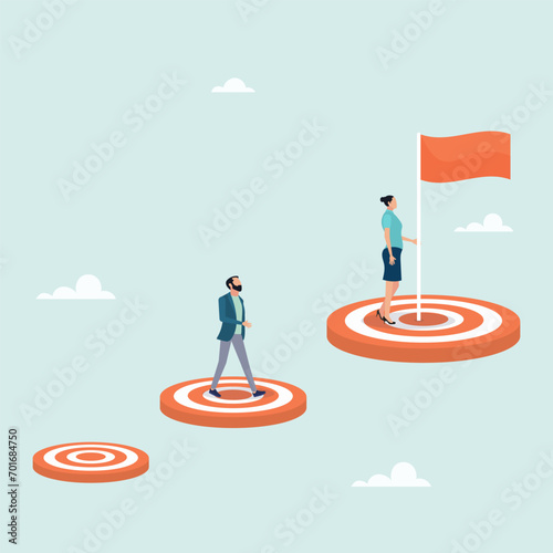 Businesswoman reaches goal, achievement. Flat design, vector illustration. Career growth and ladder of success. Purpose of business concept.
