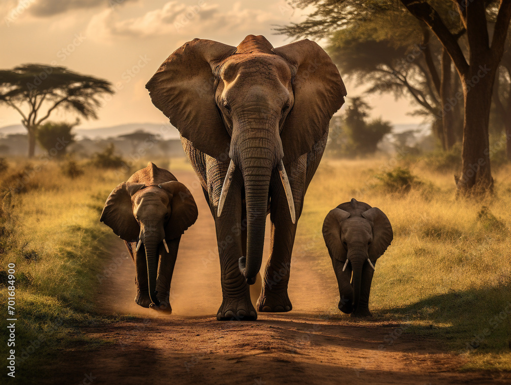 A group of majestic elephants meandering peacefully through vast grasslands in the late afternoon.