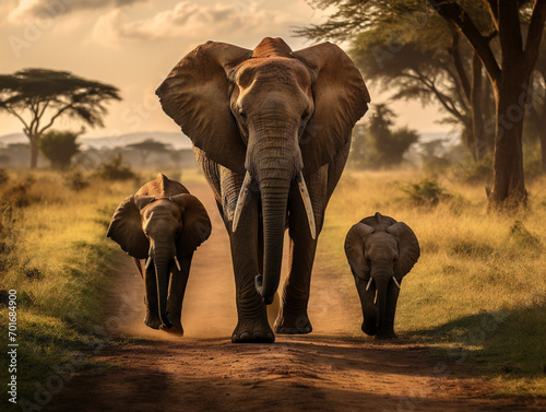 A group of majestic elephants meandering peacefully through vast grasslands in the late afternoon.