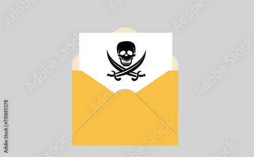 Open yellow envelope with a document and a skull and crossbones piracy icon. Virus, malware, email scam, email spam, phishing scam, hacker attack concept.