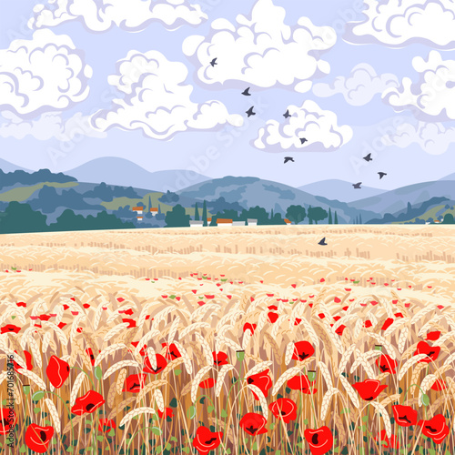 Landscape with  Mountains, Wheat Field and Red Poppies