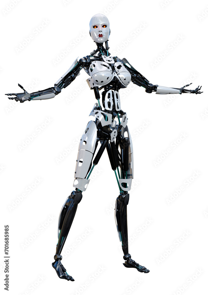 3D Rendering Female Robot on White