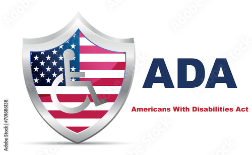 ADA, Americans with Disabilities Act. Shield with USA flag and wheelchair on a white background. information poster