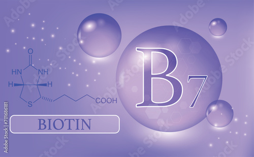 Vitamin B7, biotin, water drops, capsule on a purple background. Vitamin complex with chemical formula. Information medical poster.