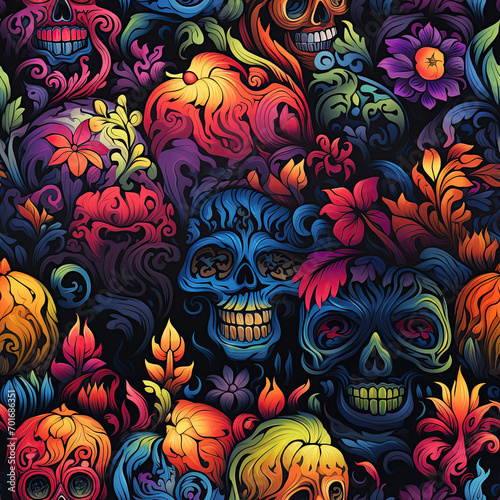 seamless texture pattern with dead skulls in bright multicolored colors on acid background