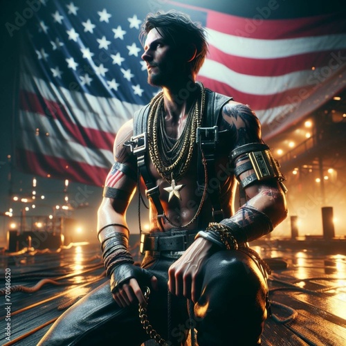 National Freedom Day, Alluring, Dark Nautical, Glam Rock, body shot, Environment modeling, Motion blur, game icon, brash colors, Unworldly, hard lighting, ultra realistic, photorealistic, octane rende