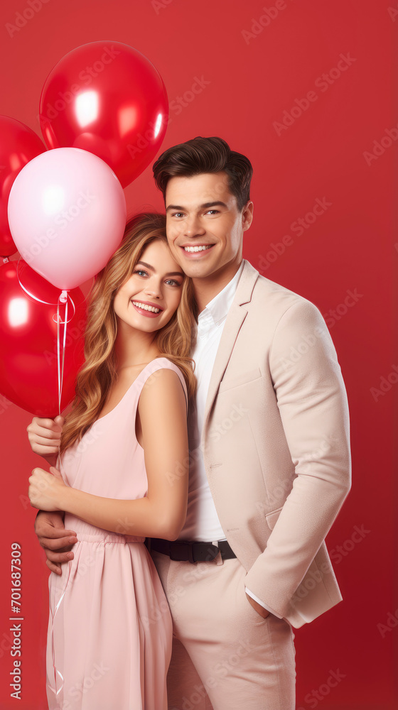 Cheerful young couple with heart shaped balloons on red background, Valentine concept Cheerful young couple with heart shaped balloons on red background, Valentine concept