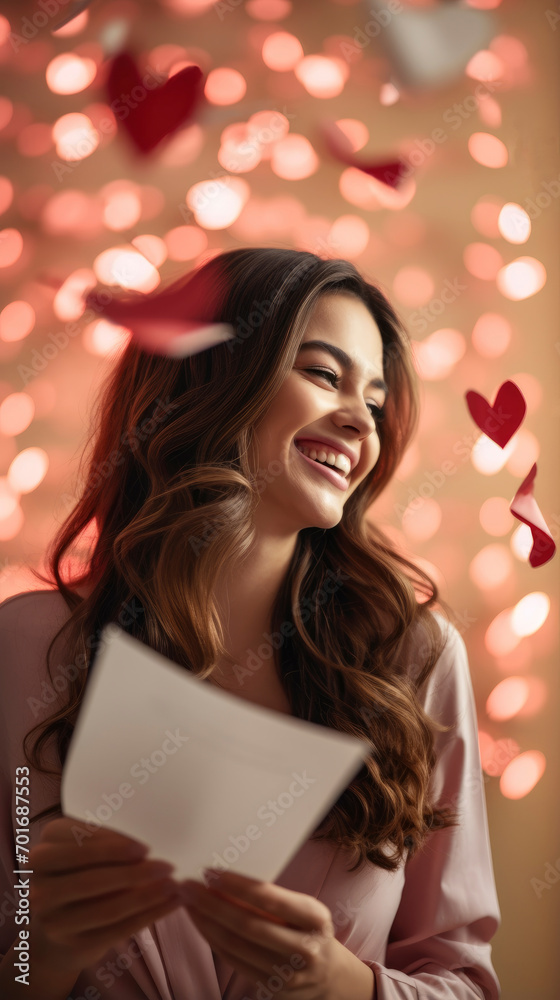 Excited positive girl smiling and looking at falling heart paper in Valentine day
