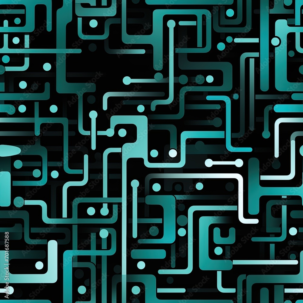 seamless pattern with texture of digital circuit lines connecting a chip and microchip on an electronic motherboard on dark background