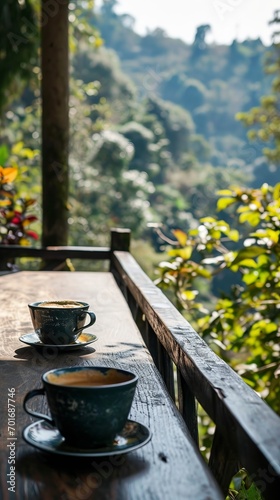 An elegant table with a cup of coffee overlooking a lush forest. A carefree place where you can enjoy a moment of silence and nature