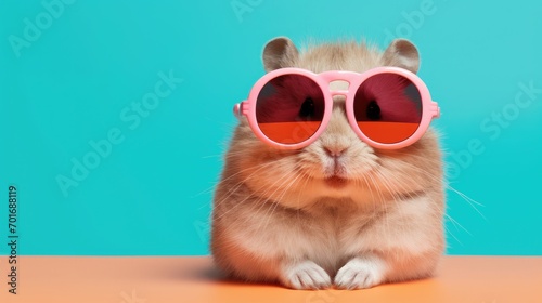 imaginative animal idea. Hamster wearing sunglasses, editorial advertisement, surreal, isolated on a solid pastel background