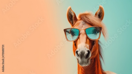 imaginative animal idea. Horse wearing sunglasses, isolated on a solid pastel background, editorial or commercial advertisement © kashif 2158