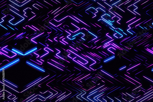 seamless pattern with texture of digital circuit lines connecting a chip and microchip on an electronic motherboard on dark background