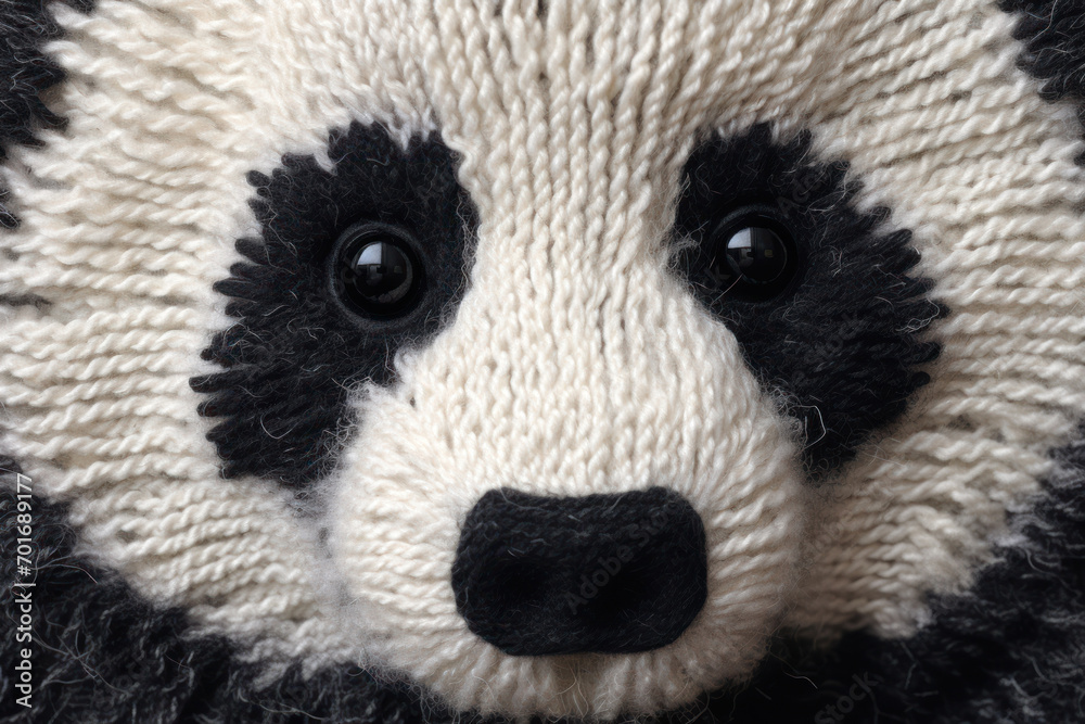 Close-up of a light gray woolen textile, featuring a meticulously knitted pattern of a black and white panda face Close-up of a light gray woolen textile, featuring a meticulously knitted pattern of a black and white panda face