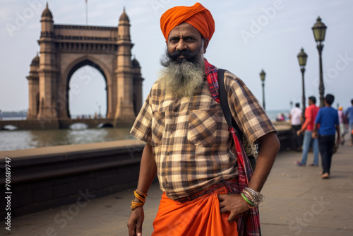  Photo of a 55-year-old Indian man in Mumbai, wearing a traditional lungi with a modern twist, standing near the Gateway of India