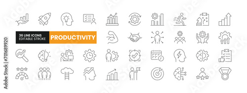 Set of 36 Productivity and Efficiency line icons set. Productivity outline icons with editable stroke collection. Includes Team, Brainstorming, Growth, Experience, Medal, and More.