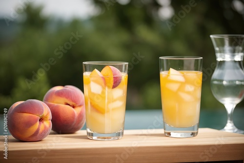 Peach juice in a glass  peaches on the table  outdoors  ice in a glass with peach juice. Generative AI.