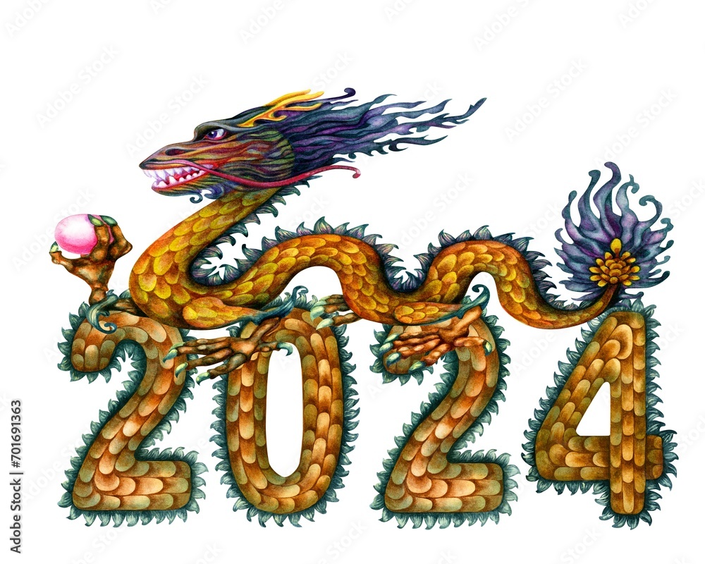 Watercolor green wooden dragon with magic pearl and numbers 2024 hand drawn with dragon scale texture. Lunar New Year symbol illustration elements isolated on white background Watercolor green wooden dragon with magic pearl and numbers 2024 hand drawn with dragon scale texture. Lunar New Year symbol illustration elements isolated on white background